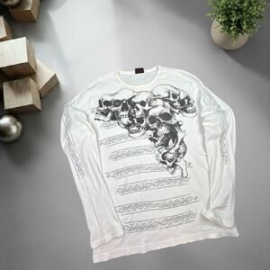 MMA Elite Mens XL White Thermal Long Sleeve Skull Graphic Y2K Grunge Skater top